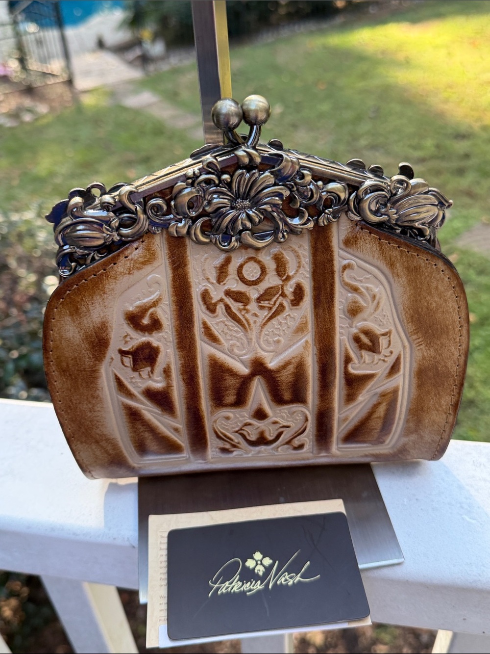 Patricia Nash Sand and Tan Embossed Leather Shoulder Bag with Ornate Metal Frame